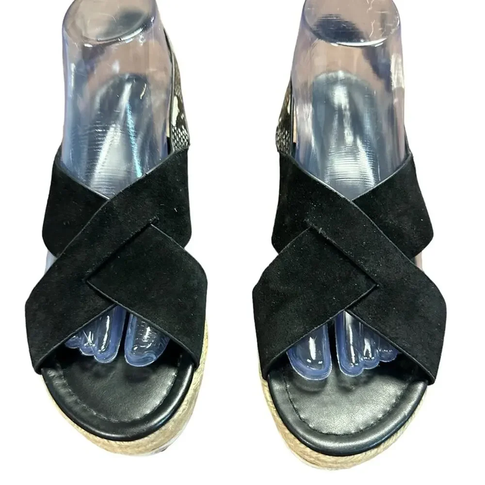 Marc Fisher Womens Size 9 Black Suede and Snakeskin Wedges with Sisal Heels